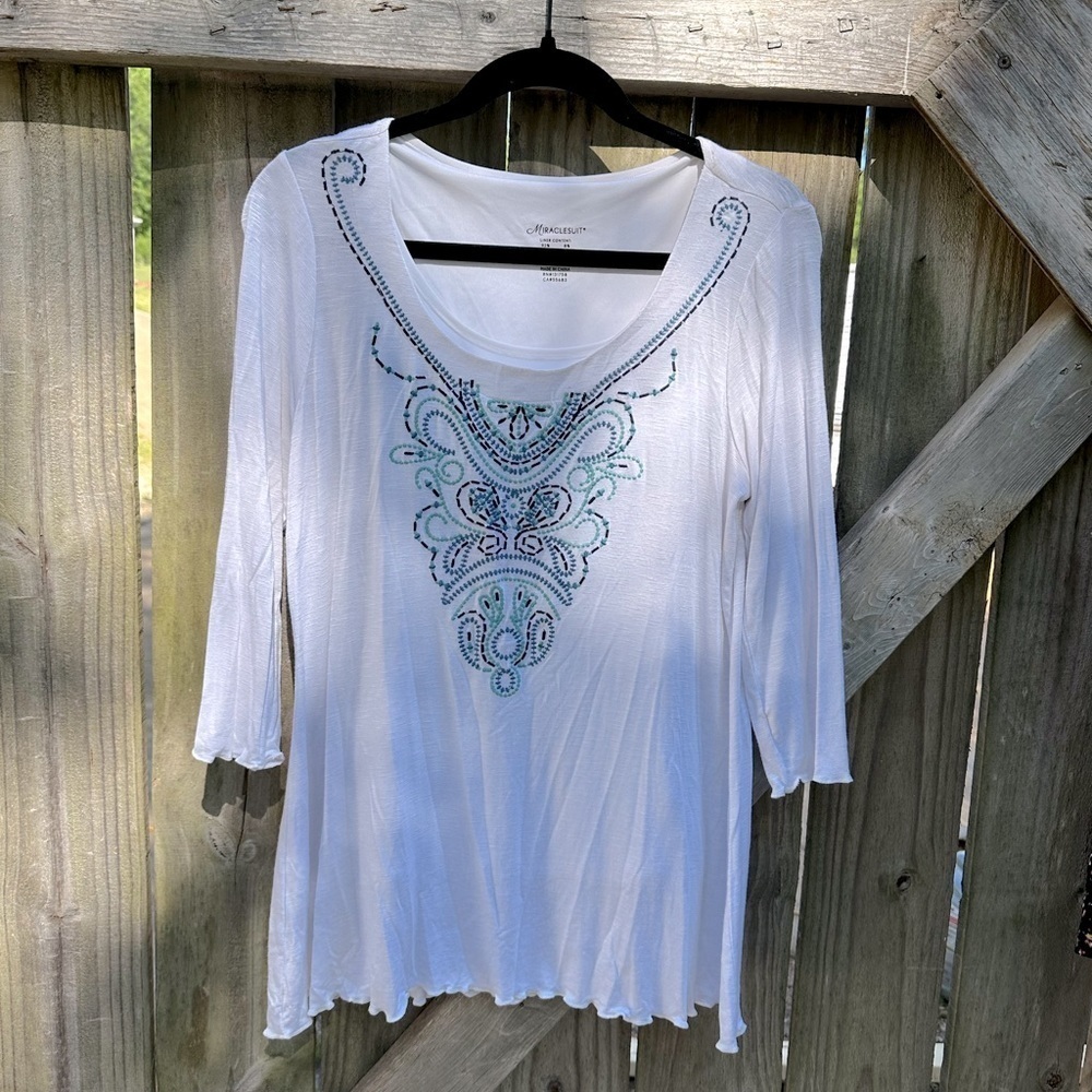 Miracle Suit Embroidered Casual Everyday Shapewear Blouse in Blue Azu
